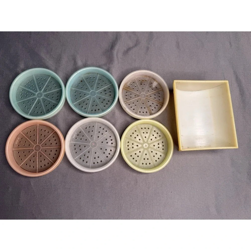Vintage Tupperware Wagon Wheel Coasters with Holder Set of 6 - Pastel Colors